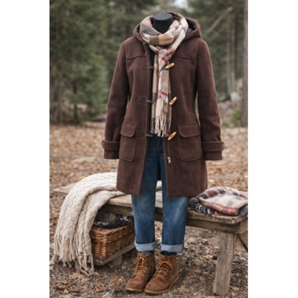 L.L.Bean Coat Womens Medium Brown Wool Hooded Toggle Duffle Parka Pockets